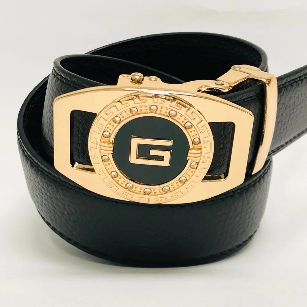 Black Leather Belt Automatic‎ Buckle Slide No Hole Strep Ratchet G Gold Diamond